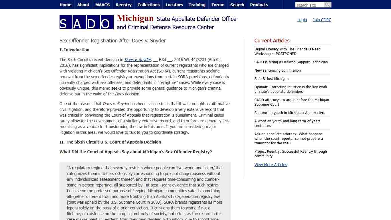 SADO - Article - Sex Offender Registration After Does v. Snyder