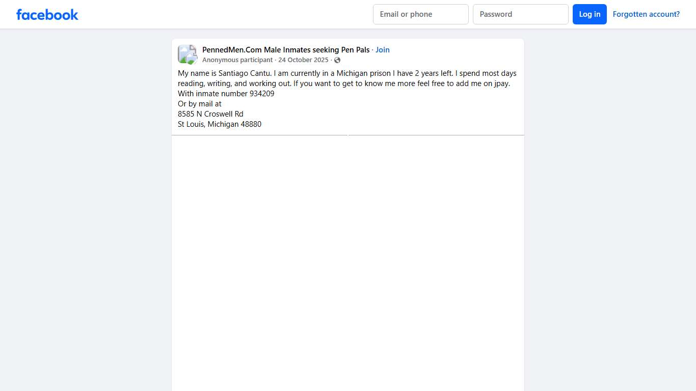 PennedMen.Com Male Inmates seeking Pen Pals My name is Santiago Cantu Facebook